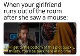 When your girlfriend runs out of the room after she saw a mouse: I will get to the bottom of this plot quickly, milady. You'll be back here in no time
