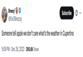 A "tweet":https://knowyourmeme.com/memes/sites/twitter-x about the weather in Cupertino, California, which is the default city in "Apple's":https://knowyourmeme.com/memes/subcultures/apple weather app. Cupertino "memes":https://knowyourmeme.com/memes/memes later went viral on "TikTok":https://knowyourmeme.com/memes/sites/tiktok in 2025.