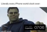 A "Hulk Gives Ant-Man a Taco":https://knowyourmeme.com/memes/hulk-gives-ant-man-a-taco "meme":https://knowyourmeme.com/memes/memes with a top caption about Cupertino, CA, reading, "Literally every iPhone world clock ever." 
