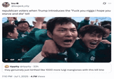 A "quote-tweet":https://knowyourmeme.com/memes/quote-retweets-qrts using a celebration "GIF":https://knowyourmeme.com/memes/cultures/gif from "_Squid Game_":https://knowyourmeme.com/memes/subcultures/squid-game. 