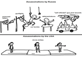 poisoned letters Assassinations by Russia "self inflicted" gun shot wounds gunfights defenestrations car bombs Assassinations by the USA drone strikes 11 -