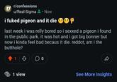 r/confessions r/ u/Real-Sigma Now i fuked pigeon and it die last week i was relly bored so i sexxed a pigeon i found in the public park. it was hot and i got big bonner but now i kinda feel bad becaus it die. reddot, am i the butthole? До 1 view See More Insights