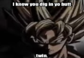 A "Goku Prowler":https://knowyourmeme.com/memes/prowler-theme-goku-prowler-xenoverse-2 "meme":https://knowyourmeme.com/memes/memes with "Impact":https://knowyourmeme.com/memes/impact text reading, "I know you dig in yo butt twin."
