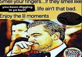 A "Smell Your Fingers" "meme":https://knowyourmeme.com/memes/memes showing "Leonardo DiCaprio":https://knowyourmeme.com/memes/people/leonardo-dicaprio.