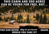 A "meme":https://knowyourmeme.com/memes/memes about having a cabin with 200 acres but you can never dig in yo butt again.