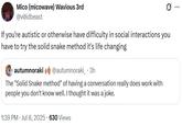 autistic people, try the solid snake method A tweet suggesting autistic people can benefit from using the Solid Snake Method of Conversation. The post was made by v0idbeast.