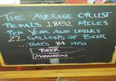 YERYTHING ON THIS RACK E THE AVERAGE CYCLIST PEDALS 1852 MILES PER YEAR AND DRINKS 22 GALLONS OF BEER ...THAT'S 84 MPG BEER MARGARITAS