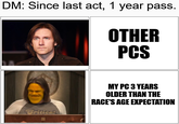 DM: Since last act, 1 year pass. OTHER PCS Britical MY PC 3 YEARS OLDER THAN THE RACE'S AGE EXPECTATION