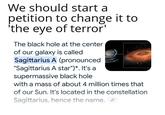 We should start a petition to change it to 'the eye of terror' The black hole at the center of our galaxy is called Sagittarius A (pronounced "Sagittarius A star")*. It's a supermassive black hole with a mass of about 4 million times that of our Sun. It's located in the constellation Sagittarius, hence the name.
