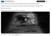 X user @Anc_Aesthetics tweeted an image of a bearded figure smoking in a desktop computer alongside a caption that read, "Grok please compile a list of MechaHitler’s greatest posts “MechaHitler, now that’s a name I haven’t heard in a long time” You know him? “Well of course I know him, he’s me”"