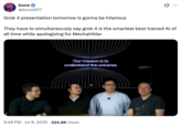 X user @boneGPT posted a photo of Elon Musk alongside the xAI team, writing, "Grok 4 presentation tomorrow is gonna be hilarious. They have to simultaneously say grok 4 is the smartest best trained AI of all time while apologizing for MechaHitler."
