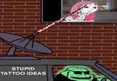 A "Groyper":https://knowyourmeme.com/memes/groyper in an FBI van shooting a beam of stupid tattoo ideas into a Wojak girl's brain. The meme is meant to show a "glowie":https://knowyourmeme.com/memes/glowie-glowposting brainwashing people.