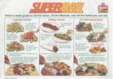 SUPERBAR WENDY'S Here's a tasty guide to All the Italian, All the Mexican, and All the Salad you can eat. Anything's Pastable 1. Begin with a pleasing pile of rotini-that's the pasta shaped like corkscrews Building a Burrito 1. Center refried beans on a flour tortilla The Well-Dressed Salad 1. Start with basic green and enhance with colorful additions. 2. Spoon on spaghetti sauce with (or "pastably" without) meat. 2. Top with spicy meat, shredded lettuce, and cheese. 2. Layer with creamy dressing and crunchy croutons 3. Sprinkle parmesan cheese with quick twist of wrist. 4. Enjoy your pasta creation, and then you can go back for more! You'll find all your Italian favorites...three kinds of pasta (rotini, rotini with vegetables, and fettucini), three sauces, including Alfredo...even savory garlic toast. 3. Fold outside edges over filings. 4. Heap on sour topping, olives, tomatoes, etc. And, there's much more...spicy rice, taco chips with cheese, even salsa and jalapeños. Try a little bit of something or a lot of everything 3. Save room for dessert...rich chocolate and butter scotch puddings and fresh fruits. 4. Congratulations... And Dessert! your plate is now on the best-dressed list! Now, our Garden Spot is even more inviting with new salads, new toppings, and fresh fruit. The possibilities are endlessly delicious!