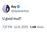 Ray ❤ @rayasianboy U good mud? 7:37 PM Jul 8, 2025 1.4M Views