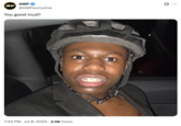 X user @AMPexclusive tweeted an image of Rakai wearing a bicycle hat alongside a caption that read, "You good mud?"