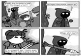 MAGE! Are you going to help fight this dragon or not?! AA It's a dragon! I don't think a level 1 Magic Missile spell is going to do it! Oh! Right! One missile coming up!) Magic what now? psvcomic.com @psvcomic