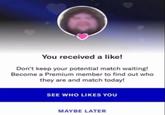 You received a like! Don't keep your potential match waiting! Become a Premium member to find out who they are and match today! SEE WHO LIKES YOU MAYBE LATER