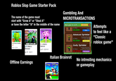 Roblox Slop Game Starter Pack The name of the game must start with "Grow A" or "Steal A" or have the letter "A" in the middle of the name TRAITS! GROWS OFFLINE [] Grow a Garden d93% 3M EARN OFFLINE [] Steal a Dinosaur $9,848,737 /s [] Steal a Brainrot 84% 6.1K 91% 804.6K Offline Earnings Gambling And MICROTRANSACTIONS New gear in 4:29 Italian Brainrot Sings Offline X1 Stock 25,000¢ RESTOCK X Rare minutes Advanced Sprinkler X1 Stock 50,000¢ Increases growth speed and mutation chances Lasts 5 minutes Legendary Godly Sprinkler XO Stock Increases growth speed, mutation chances and fruit size. Losts 5 minutes NO STOCK Mythical Attempts to feel like a "Classic roblox game" No intresting mechanics or gameplay צה