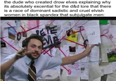 the dude who created drow elves explaining why its absolutely excential for the d&d lore that there is a race of dominant sadistic and cruel elvish women in black spandex that subjulgate men: