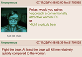 Anonymous 07/11/25(Fri)18:03:00 No.81793985 Fellas, would you rather: >approach a conventionally attractive women IRL or >fight a grizzly bear 143 KB PNG Anonymous 07/11/25(Fri)18:08:39 No.81794035 Fight the bear. At least the bear will kill me relatively quickly compared to the woman.