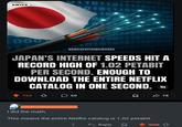 SWIPE 110110 01011101 10 000 10011101100 1 10101010110013 HOWEVERYTHINGWORKS 010110 JAPAN'S INTERNET SPEEDS HIT A RECORD HIGH OF 1.02 PETABIT PER SECOND. ENOUGH TO DOWNLOAD THE ENTIRE NETFLIX CATALOG IN ONE SECOND. * 764 ♡ ☐ 60 I did the math. This means the entire Netflix catalog is 1.02 petabit. ← Reply Vote 78