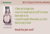 : Anonymous 1013 KB JPG 08/21/22(Sun)15:05:44 No.69902463 >Take out a huge loan >Use it to travel and do stuff I've never been able to do >Just kill myself afterwards so I don't have to pay it back Would this plan work?