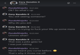 A screenshot of an Xbox message conversation posted by TikToker @PandaNinjaxxOfficial as part of a series of posts where she accused CoryxKenshin of emotional and mental abuse. The message shows Cory asking if she's "seeing anyone," and then saying, "Bcos I'm trying to f--- your life up some more." Cory then clarifies, "That was a joke geez."