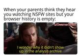 When your parents think they hear you watching NSFW sites but your browser history is empty: u/DwemerSmith I wonder why it didn't show up in the analysis archive