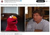 A tweet reading, “Elmo just noticing things, Tucker! Do you notice things like Elmo?” The tweet shows Elmo in an interview with Tucker Carlson.