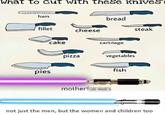 What to cut with these knives' ham bread fillet cheese steak cake cartilage pies pizza vegetables motherf fish not just the men, but the women and children too