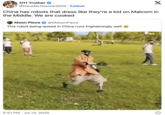 A "quote-tweet":https://knowyourmeme.com/memes/quote-retweets-qrts joking about the Chinese Robot Running "video":https://knowyourmeme.com/memes/viral-videos from "Twitter / X":https://knowyourmeme.com/memes/sites/twitter-x, reading, "China has robots that dress like they’re a kid on Malcom in the Middle. We are cooked."
