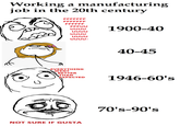Working a manufacturing job in the 20th century U FFFFFFF FFFFFFF FFFFFF FFFUU ՍՍՍՍ 1900-40 ՍՍՍՍ ՍՍՍՍ UUUU UUUU- EVERYTHING WENT BETTER THAN EXPECTED NOT SURE IF GUSTA 40-45 1946-60's 70's-90's