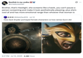 Basilisk in my vodka ➡ @crreatureshelf Brother, that's Hawkgirl, she screams like a hawk, you can't pause a person screaming and make it look aesthetically pleasing, plus she's cool af and has more emotional range than whoever that woman is AKKI @AkkiZac019. Jul 12 How Zack Snyder portrayed female characters vs how James Gunn did 5:17 PM Jul 12, 2025 4.4M Views •