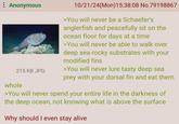 : Anonymous 215 KB JPG whole 10/21/24(Mon) 15:38:08 No.79198867 >You will never be a Schaefer's anglerfish and peacefully sit on the ocean floor for days at a time >You will never be able to walk over deep sea rocky substrates with your modified fins >You will never lure tasty deep sea prey with your dorsal fin and eat them >You will never spend your entire life in the darkness of the deep ocean, not knowing what is above the surface Why should I even stay alive