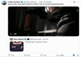 July 14th, 2025 tweet by @luke_leisher_ X user @luke_leisher_ posted a GIF from _Interstellar_, jokingly implying that the Grok Companion Ani will negatively affect national "birth rate." The post gathered over 15,000 likes in a day.