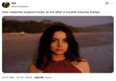 A "tweet":https://knowyourmeme.com/memes/sites/twitter-x using the Ana de Armas Beach Look photo, captioned, "How malphite support looks at me after a couple unlucky losses."