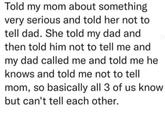 Told my mom about something very serious and told her not to tell dad. She told my dad and then told him not to tell me and my dad called me and told me he knows and told me not to tell mom, so basically all 3 of us know but can't tell each other.