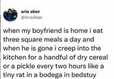 aria aber @AriaAber when my boyfriend is home i eat three square meals a day and when he is gone i creep into the kitchen for a handful of dry cereal or a pickle every two hours like a tiny rat in a bodega in bedstuy