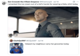 A "tweet":https://knowyourmeme.com/memes/sites/twitter-x showing Lex Luther, played by Nicholas Hoult in the 2025 "_Superman_":https://knowyourmeme.com/memes/subcultures/superman-2025-film film, paired with the caption, "I smacked the ice cream out of a kid’s hands for wearing a Deku shirt today."