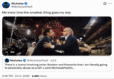 X user @NicholasPas5 posted a tweet that read, "Me every time the smallest thing goes my way" alongside a GIF showing Javier Bardem celebrating in the 2025 film _F1: The Movie_. The post gathered over 90,000 likes in two weeks.