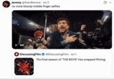 On July 2nd, 2025, X user @then0wnow posted a GIF showing Janier Bardem celebrating with fireworks exploding behind him to joke about "_The Boys_":https://knowyourmeme.com/memes/subcultures/the-boys ending, writing, "no more bloody middle finger selfies," and gathering over 4,000 likes in two weeks.