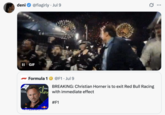 X user @fiagirly tweeted the Javier Bardem F1 celebration GIF in response to the news that "Christian Horner is to exit Red Bull Racing with immediate effect"