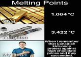 Melting Points WINS GOLD GOLD 1000g 1000% Gold GOLD GOLD 315.3 OLD 1.064 °C 3.422 °C Tungsten My Heart When I remember that Canadian kids once protest against high chocolate prices and they succeeded.