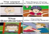 The wizard The Rogue (Trying (6 constitution) to make a quick buck) The Cleric The Bardbarian (After catching Rogue) imgflip.com