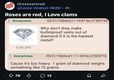 r/rosesarered u/Loose-Analyst-9680 • 4h Roses are red, I Love clams Anonymous 03/21/16(Mon)11:10:07 No.27303759 Why don't they make 5 KB JPG bulletproof vests out of diamond if it is the hardest metal? Anonymous 03/21/16(Mon)11:11:28 No.27303774 Cause it's too heavy. 1 gram of diamond weighs something like 15 grams. 76 в 12