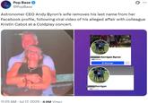 A tweet reading, "Astronomer CEO Andy Byron’s wife removes his last name from her Facebook profile, following viral video of his alleged affair with colleague Kristin Cabot at a Coldplay concert."