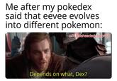 Me after my pokedex said that eevee evolves into different pokemon: u/Puzzleheaded_Step468 Depends on what, Dex?