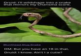 Druid: I'll wildshape into a snake that mirrors my Charisma score. Blunthead Slug Snake DM: But you have an 18 in that. Druid: I know. Ain't I a cutie?