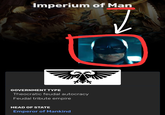 Imperium of Man GOVERNMENT TYPE Theocratic feudal autocracy Feudal tribute empire HEAD OF STATE Emperor of Mankind