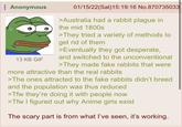 Anonymous 13 KB GIF 01/15/22(Sat) 15:19:16 No.870735033 >Australia had a rabbit plague in the mid 1800s >They tried a variety of methods to get rid of them >Eventually they got desperate, and switched to the unconventional >They made fake rabbits that were more attractive than the real rabbits >The ones attracted to the fake rabbits didn't breed and the population was thus reduced >Tfw they're doing it with people now >Tfw I figured out why Anime girls exist The scary part is from what I've seen, it's working.